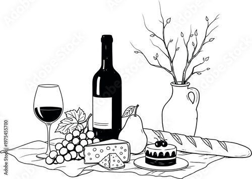 A detailed black and white line art drawing featuring a classic still life picnic arrangement