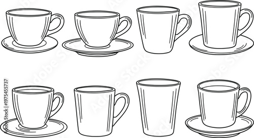 A collection of various simple black and white line art illustrations of coffee cups and mugs