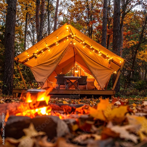 Cozy glamping scene with tent lit up in autumn forest, campfire in foreground