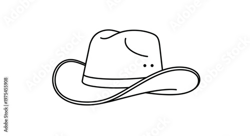 Classic wide brimmed cowboy hat outline illustration for western country and adventure themed graphic designs.