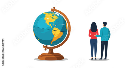 Man and woman standing next to a large desk globe while contemplating world travel and global exploration goals.