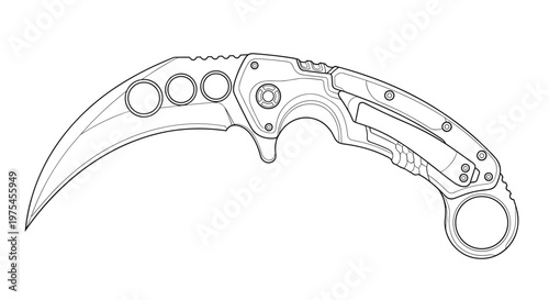 Curved karambit folding knife with a ring handle and holes in the blade for tactical or tool related designs.