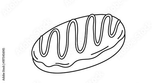 Tasty oblong pastry or chocolate eclair illustration with wavy icing drizzle for bakery and dessert menu designs.