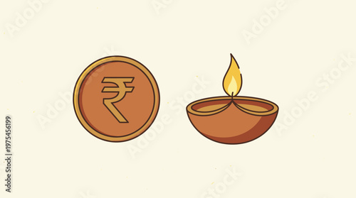 A festive illustration of a rupee coin and a lit diya lamp