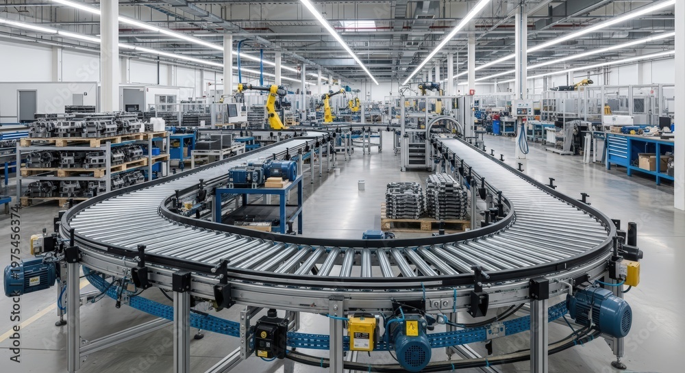Fototapeta premium Automated Manufacturing Assembly Line With Robotic Arms And Conveyor Belt In A Modern Factory Setting