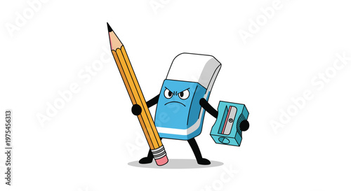 Fierce cartoon eraser character holding a long pencil and a blue sharpener ready for a creative battle on a white background.