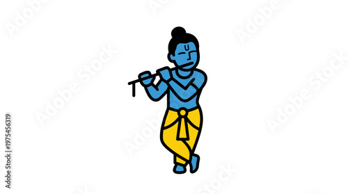 A blue-skinned man plays flute outdoors in traditional attire.