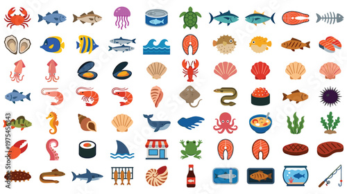 Collection of various seafood flat vector icons for menu or market.
