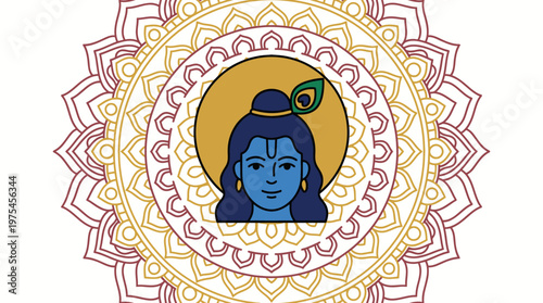 Hindu deity illustration depicts blue-skinned god with long hair surrounded by ornate mandala design