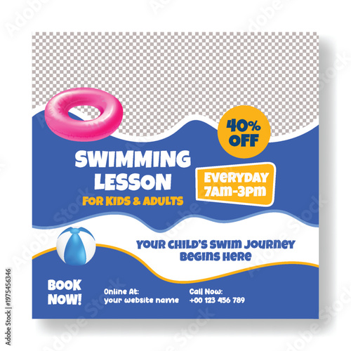 Fun and Colorful Kids Pool Party and Swimming Lesson Services Social Media Post, Square Flyer or Poster, Summer Camp Promotional Banner, Children Activities Marketing