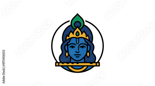 A blue illustrated face with a golden crown and green leaf on head