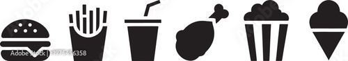 Six black silhouette representing popular fast food including a hamburger french fries a soda cup a fried chicken leg two ice cream cones on a