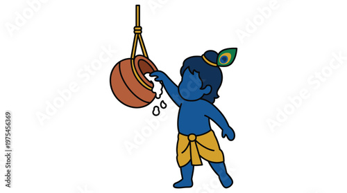 A blue cartoon character in yellow clothing holds a brown pot indoors with a joyful expression.