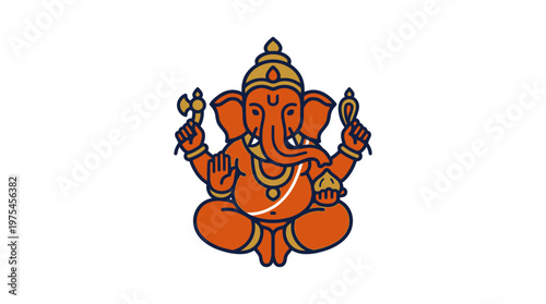 The orange Ganesha statue sits serenely in a traditional Indian illustration.