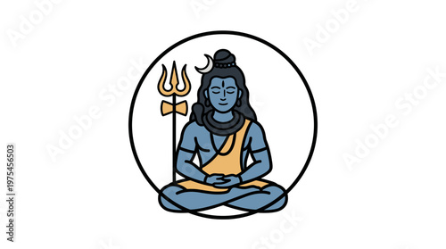 Hindu deity Shiva sits meditating peacefully with trident inside circle.