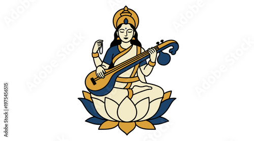 A serene Hindu goddess plays a musical instrument on a lotus flower