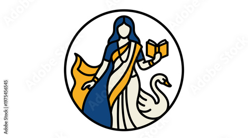 Woman in traditional attire holding a book and surrounded by a swan and flames.