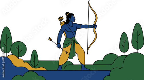 A mythical archer stands in a forest aiming a bow and arrow at a target.