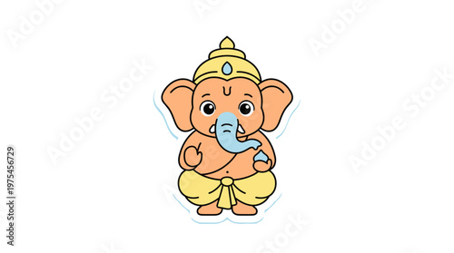 A colorful illustration of Ganesha sitting and eating sweets in a serene environment