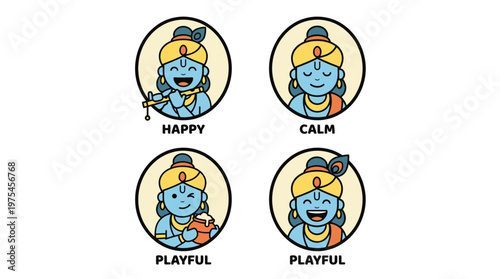 A playful Krishna illustration depicts happy, calm, and joyful emotions in a colorful cartoon style.