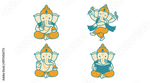 Four colorful illustrations of Ganesha sitting in different poses.