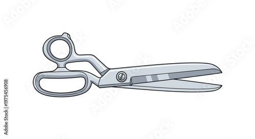 Large professional tailor's shears with distinct handles and long metal blades designed for cutting thick fabric.