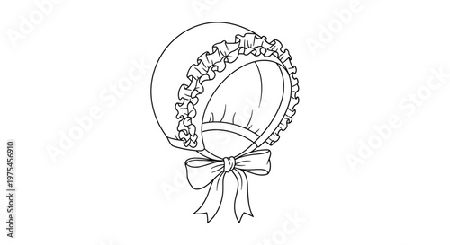 Delicate baby bonnet with ruffled edges and a soft bow tie shown in a detailed black and white line art illustration.