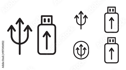 Universal serial bus symbol and usb flash drive icon set for computer peripheral data storage connection.