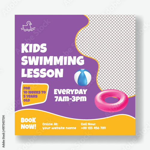 Kids Summer Camp Swimming Lessons Promotional Banner, Social Media Post, Square Flyer or Poster Template, Pool Party Fun, Educational and Fun Kids Activities