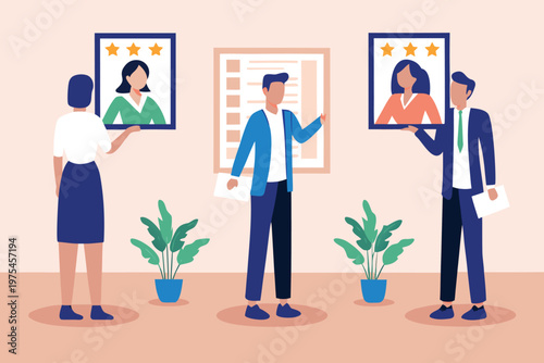 People presenting portraits with star ratings in a modern office