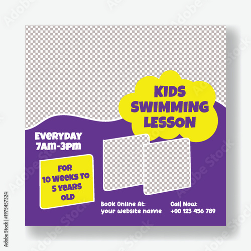 Summer Kids Swimming Lessons Social Media Post, Square Flyer or Poster Template Design, Pool Party Fun, Promotional Advertisements Promo Banner, Kids Activities Marketing