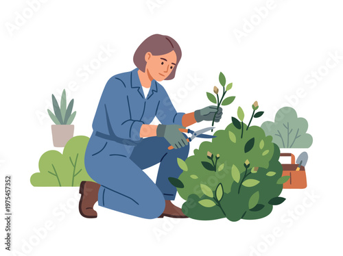 Gardener Pruning a Bush with Shears.