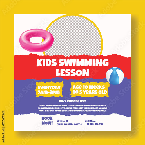 Kids Pool Party and Swimming Lesson Services Square Flyer or Poster, Social Media Post, Summer Camp Promotions, Children Activities, Banner Template for Promotional Advertisements