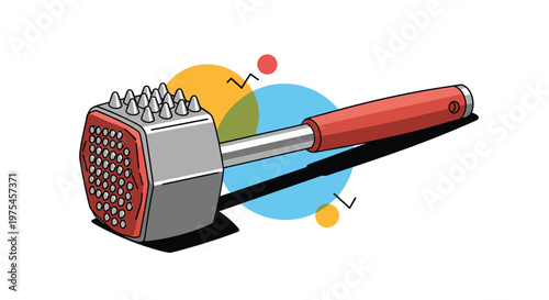 Heavy-duty metal meat tenderizer mallet with a red handle and textured heads for preparing culinary dishes in a kitchen.