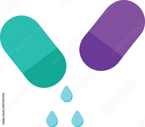 Two colorful capsules breaking open with liquid droplets falling