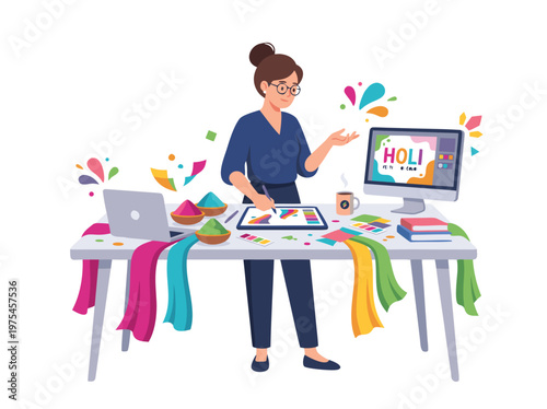 Graphic designer creating Holi festival artwork on a digital tablet.