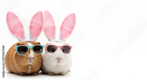 Cool bunnies two stuffed animals sporting stylish sunglasses on a white background