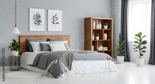 Serene bedroom interior with neutral tones and botanical wall art