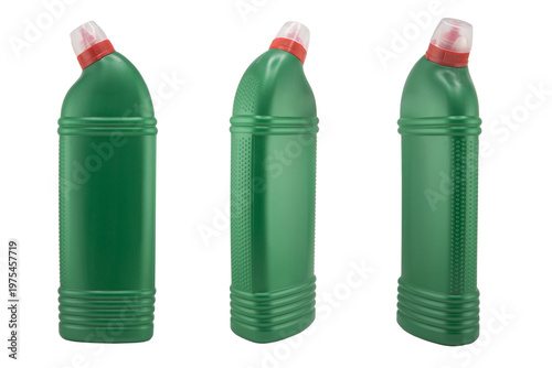 Three Green plastic bottle for detergent cleaning agent iIsolated on white background. Plastic bottle isolated with clipping path.