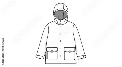 Waterproof hooded yellow raincoat design with large pockets and snap buttons shown as a professional fashion technical drawing for apparel design.