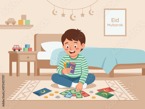 Happy boy playing board games in bedroom during Eid celebration.