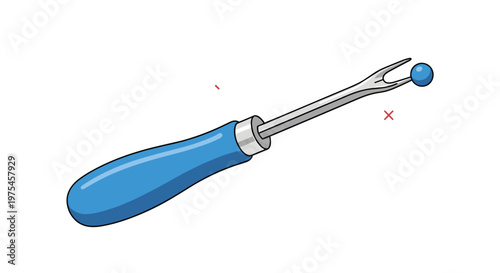 Professional seam ripper tool with a blue handle and a sharp metal tip used for cutting threads and removing sewing stitches efficiently.