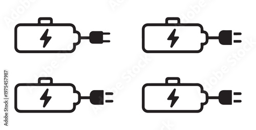 Set of four battery icons with charging plug symbol showing power and energy connection.
