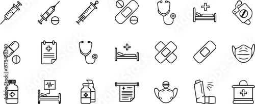 Medical instruments and healthcare equipment line icons set