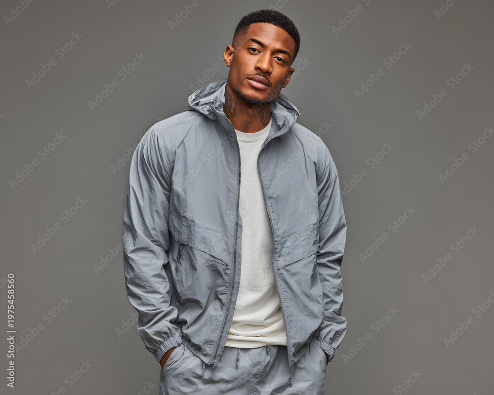 Obraz premium Fashionable young black man in urban streetwear tracksuit against grey background