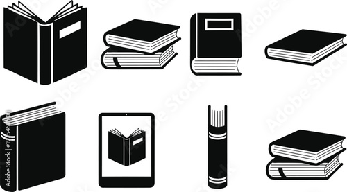 Black and white illustrations of various book styles and formats  educational icons