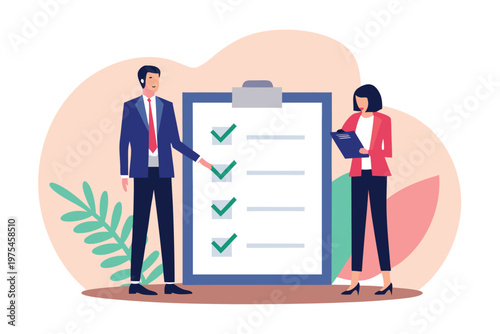 Business professionals reviewing a checklist with positive confirmation marks