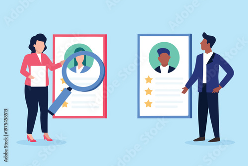 Recruiting team reviewing candidate profiles with a magnifying glass