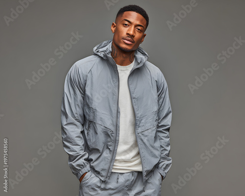 Fashionable young black man in urban streetwear tracksuit against grey background