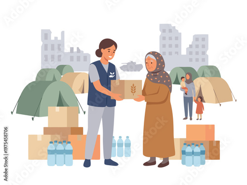 Humanitarian aid delivery to refugees in a war-torn city.